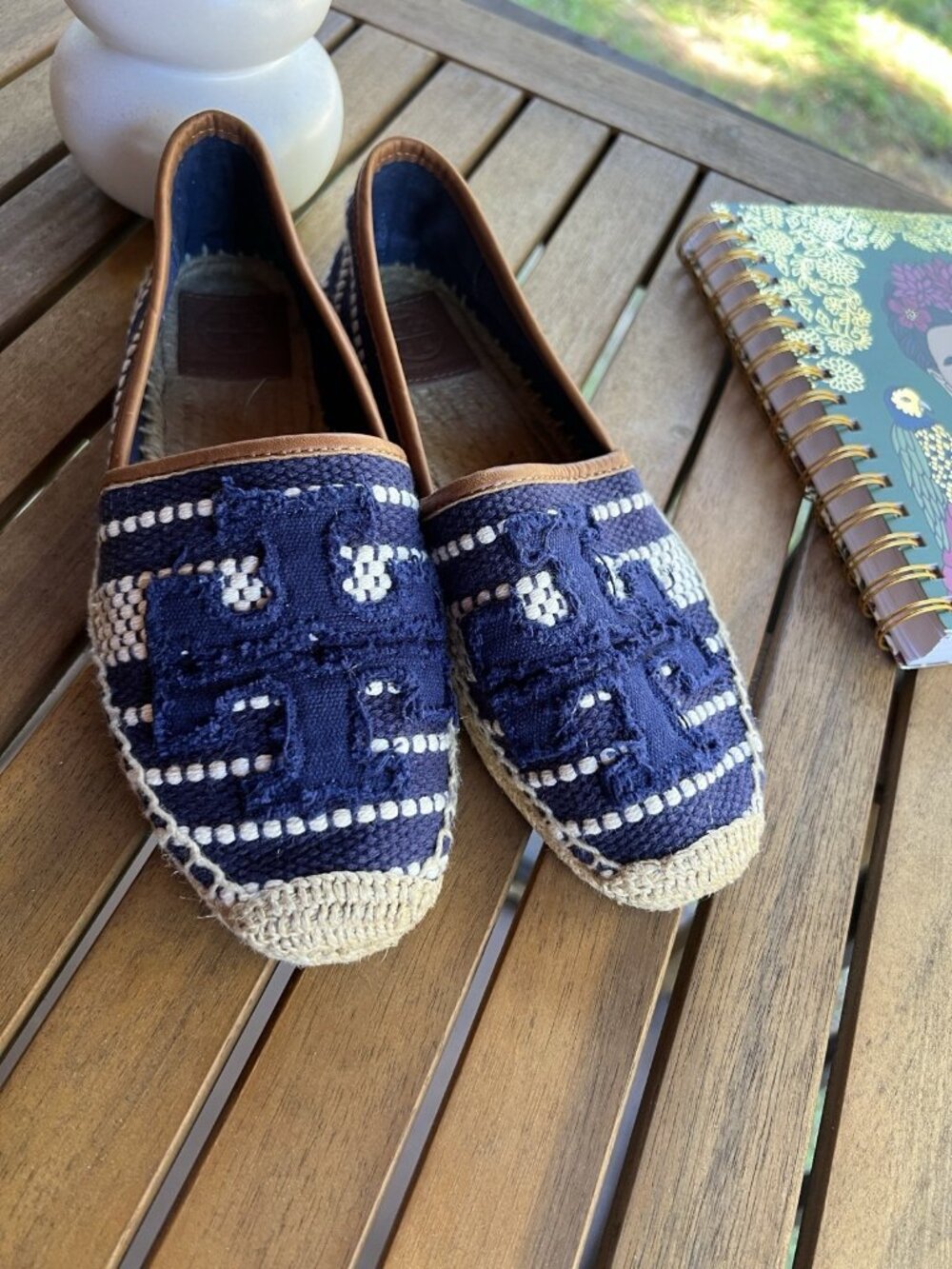 Tory Burch Shaw Logo Canvas Espadrilles Navy White Women’s US 6